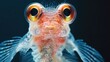 Close-up of colorful, translucent blenny fish with large eyes against dark blue background