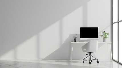 Wall Mural - Modern workspace with blank computer screen on white desk, office chair, and plant near window casting shadows