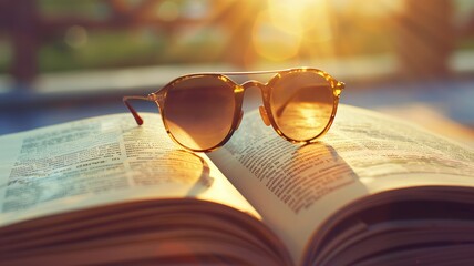 Wall Mural - Sunglasses resting on open book with pages catching warm glow of setting sun in background