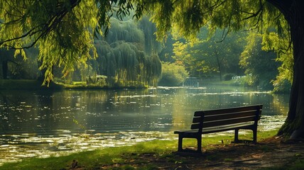 Wall Mural - Serene park scene with bench overlooking tranquil pond surrounded by lush green trees and soft sunlight filtering through