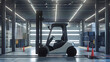 Concept art of a futuristic forklift prototype being tested in a high-tech logistics lab,