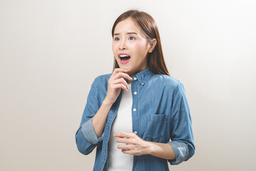 Sticker - Smile positive, feeling amazed asian young woman, girl in casual, portrait of pretty female with brunette hair, standing pose gesture expression face surprised isolated on white background, copy space