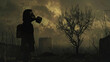Dark silhouette of a child wearing a gas mask, looking at a withered tree – the last sign of nature in an urban wasteland,