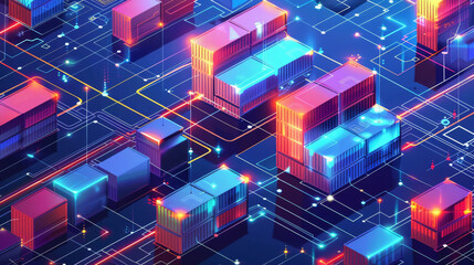 Wall Mural - Creative depiction of a blockchain being used for supply chain management, with blocks as cargo containers,