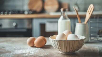 Poster - Eggs in a bowl with milk on counter