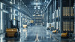 Futuristic warehouse interior with AI-powered forklifts autonomously navigating between aisles,