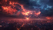 Dynamic graphic of thunderstorms supercharged by climate change, casting dark shadows over urban landscapes,