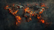 High-tech image of a scorched world map, with areas of conflict and exploitation highlighted in the glow of fires,