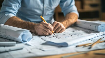 Wall Mural - An architect sketching blueprints for a new commercial building, showcasing the planning stage of real estate projects. 