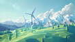 Geometric windmills turning in a low poly landscape, symbolizing renewable energy,