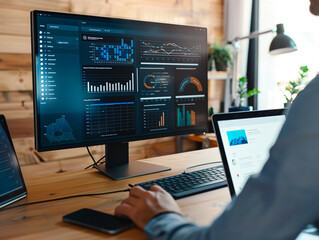 A designer fine-tunes a website prototype on a large monitor, ensuring SEO optimization while analytics dashboards run on a nearby laptop