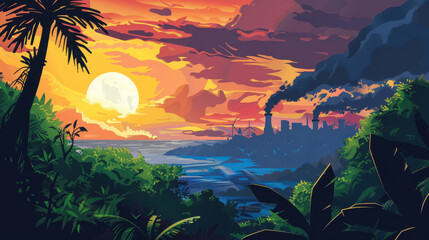 Wall Mural - Illustration of Earth's natural beauty overshadowed by the dark, looming threat of climate change,
