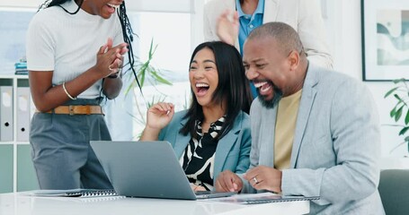 Canvas Print - Clapping hands, excited and business people in office with achievement, good news or promotion. Happy, celebration and group of designers with applause and cheer for winning or teamwork in workplace.