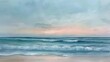 A serene beach at dawn, with pastel hues painting the sky and gentle waves lapping the shore.