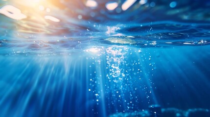 Aufkleber - Generative AI : Blue water surface with bright sun light reflections, water in swimming pool background closeup