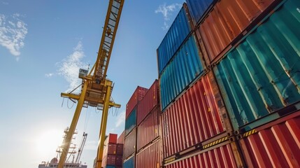 Wall Mural - An industrial crane loading containers onto a cargo ship at a seaport. 