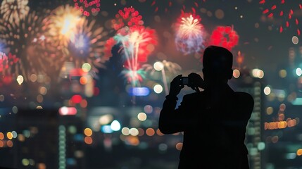 Poster - Generative AI : The silhouette of reporter photograph the Fantastic festive new years colorful fireworks