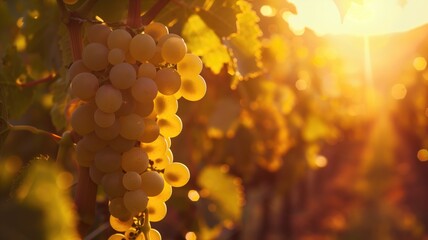 Wall Mural - golden sunlight illuminates ripe grapes on vine in vineyard