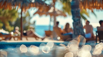 Wall Mural - Blurred pool scene with people and palm trees