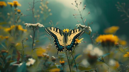 Wall Mural - Butterfly perched on flower amidst grass