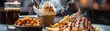An ice cream sundae with coffee flavor, served next to a plate of spicy fries, the contrasting fumes creating an unexpected harmony
