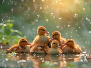 Wall Mural - A group of ducks sitting in a puddle under the rain. Generative AI.