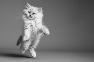Wall Mural - A white cat jumping in the air with its paws outstretched. Generative AI.
