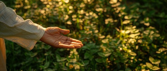 Canvas Print - A person holding out their hand in front of a field.