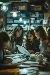 Sticker - Three young women are looking at a piece of paper together.