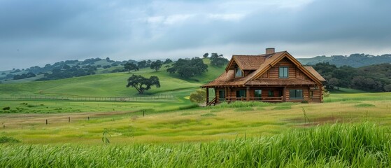 Poster - A small cabin in a field of tall grass and trees. Generative AI.