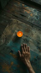 Poster - A hand reaching for a lit candle on an old wooden table.