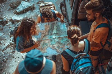 Wall Mural - A group of people looking at a map in the back seat. Generative AI.