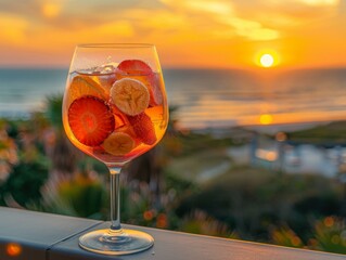 Poster - A glass of a drink with fruit in it sitting on the balcony. Generative AI.