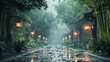 3D rendering of an ancient Chinese street with bamboo trees and lanterns