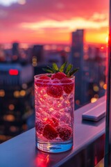 Poster - A glass of water with raspberries on top and a sunset in the background.