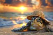 A turtle wearing a straw hat on the beach at sunset. Generative AI.