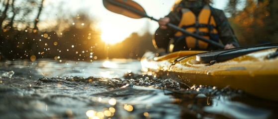 Poster - A person in a kayak paddling through water with sun shining on them. Generative AI.