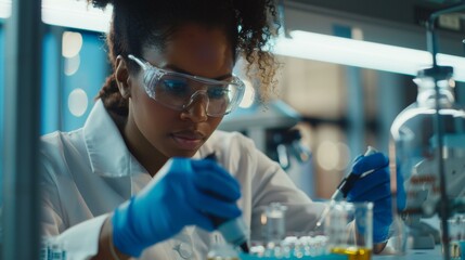 Wall Mural - A woman in lab coat working on a test tube. Generative AI.