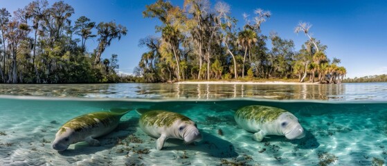 Poster - Three manatees swimming in the water near a beach. Generative AI.