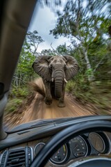 Canvas Print - A wild elephant is chasing a car in the forest. Generative AI.