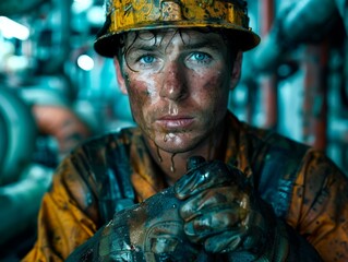 Canvas Print - A man in a hard hat and safety gear with his face covered. Generative AI.