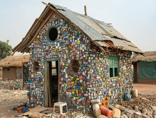 Poster - A small house made out of bottles and other trash. AI.