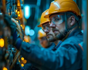 Sticker - Two men in hard hats working on a machine with lights. Generative AI.