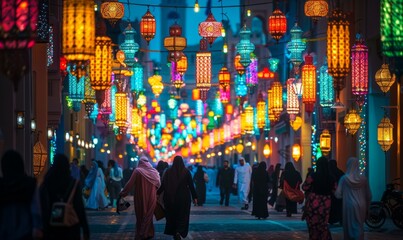 Wall Mural - A group of people walking down a street with colorful lanterns hanging from the ceiling.