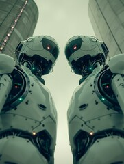 Canvas Print - Two robots standing next to each other in front of tall buildings. Generative AI.