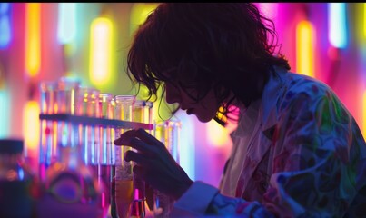 Poster - A woman in a lab coat looking at test tubes with colorful lights. Generative AI.