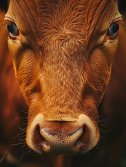 Poster - A close up of a brown cow's face with its eyes open. Generative AI.