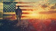 Generative AI : Double exposure Silhouette of Soldier on the United States flag in sunset for Veterans Day