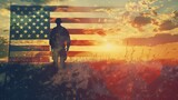 Fototapeta  - Generative AI : Double exposure Silhouette of Soldier on the United States flag in sunset for Veterans Day