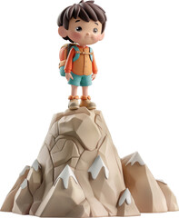 3D illustration asian child standing on top of mountain. Cartoon character isolated.